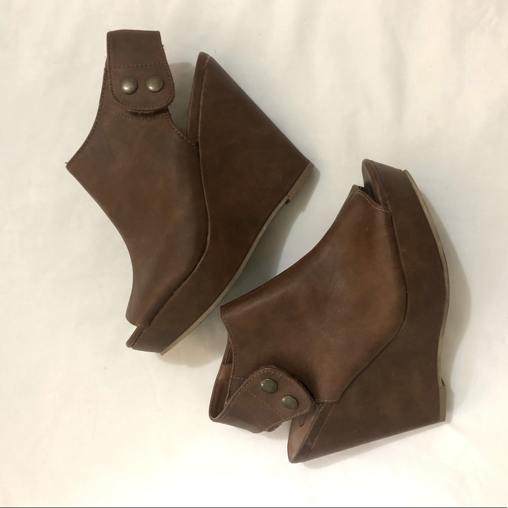 Brown Pleather Wedges, Size 6.5